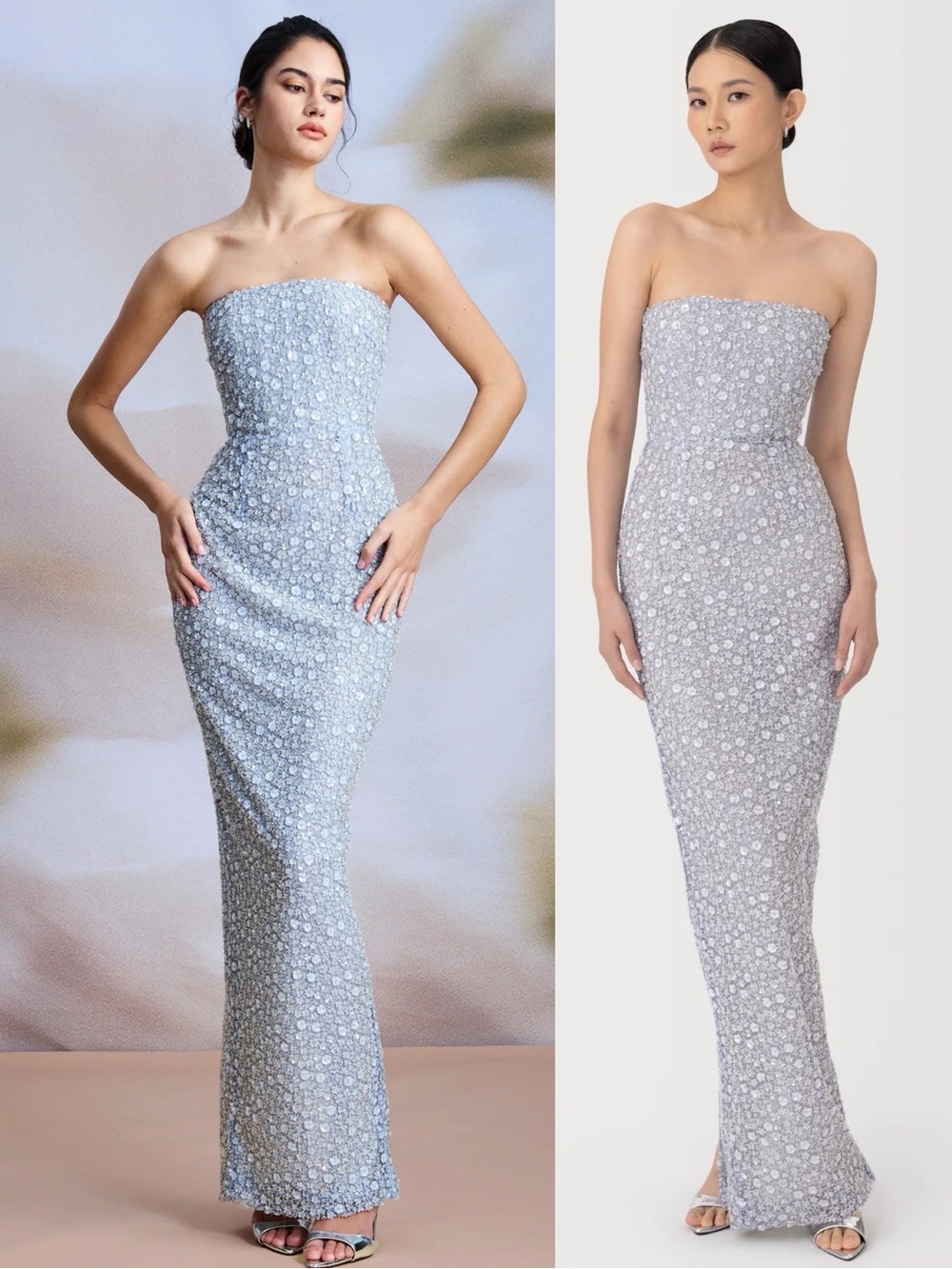 Sau Lee Tilly Strapless Embellished Mesh Maxi Dress Silver Grey NEW with tags